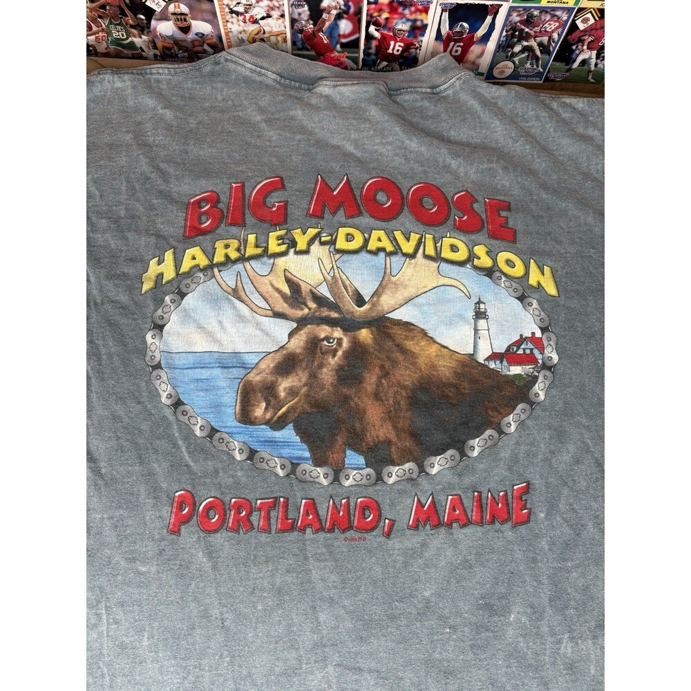 Vintage 2000s Harley Davidson Big Moose Portland Maine T Shirt Motorcycle Blue L
